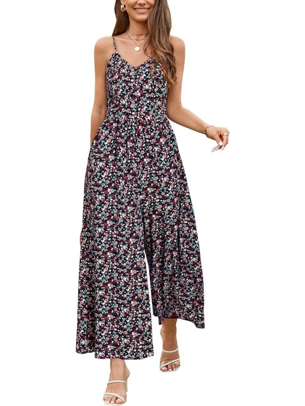 Women's Summer Floral 01 Spaghetti Strap Smocked Long Rompers with Pockets